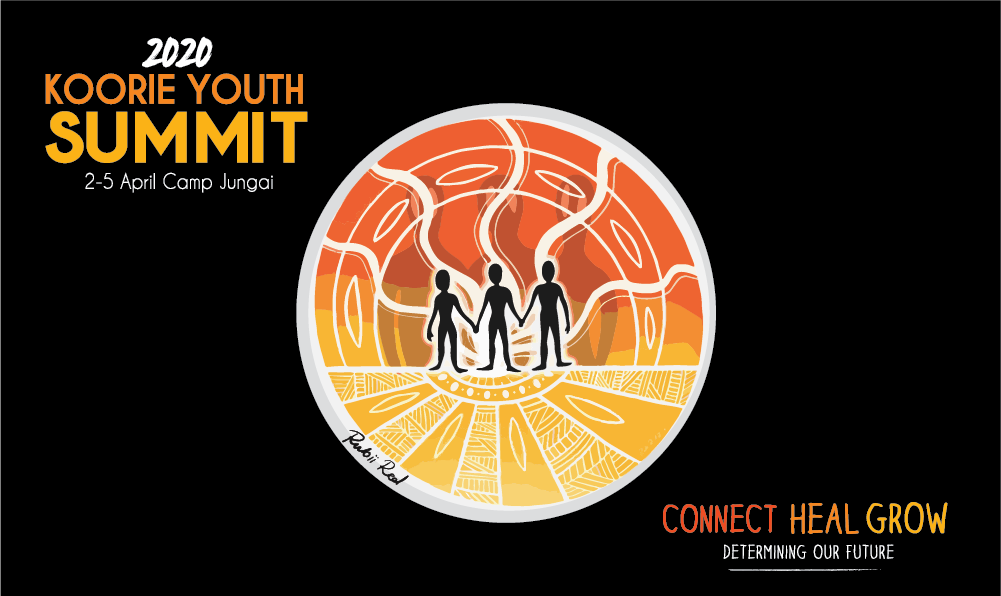 The 2020 Koorie Youth Summit logo. Three figures stand in the middle with orange and yellow surrounding them.