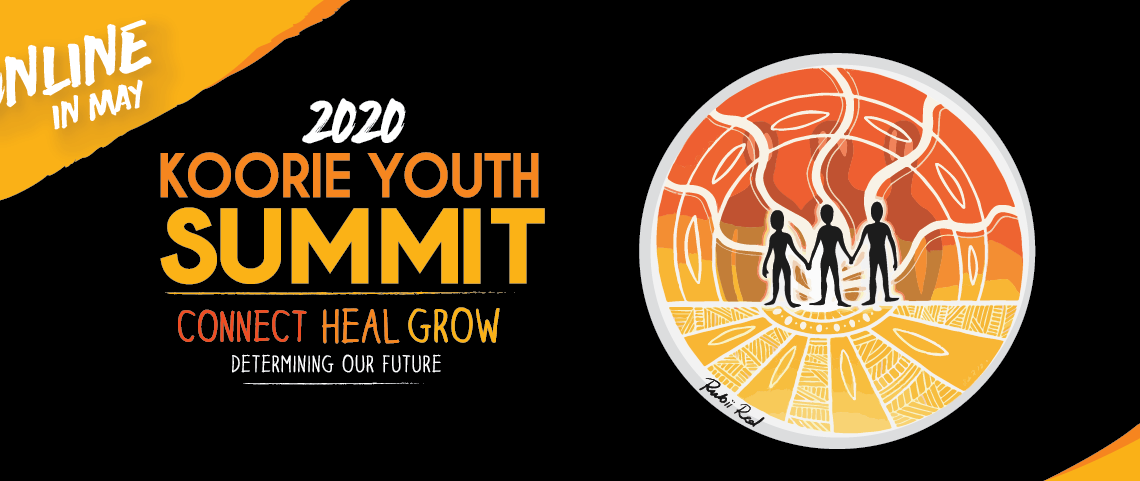 Drawing of three people inside an orange and yellow circle with circle patterns in white. It says 2020 Koorie Youth Summit.